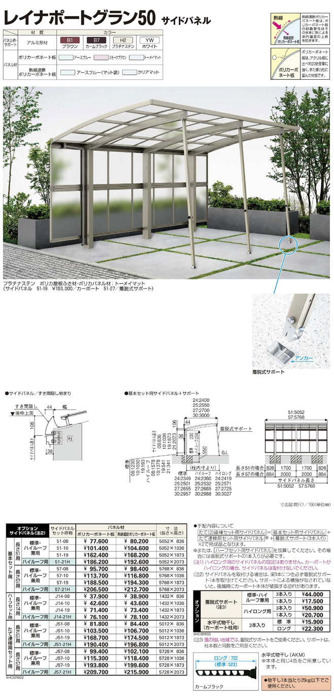 大きな取引 エクステリアのキロ 店YKK カーポート レイナワンポートグラン50 サイドパネル 基本セット 長さ57用 標準 ハイルーフ兼用 熱線遮断ポリカーボネート板  57-19