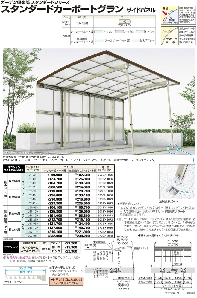 大きな取引 エクステリアのキロ 店YKK カーポート レイナワンポートグラン50 サイドパネル 基本セット 長さ57用 標準 ハイルーフ兼用 熱線遮断ポリカーボネート板  57-19